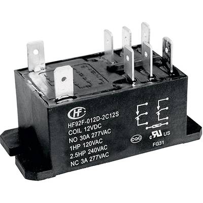Relais électrique avec plusieurs bornes et étiquette technique sur le côté, spécifiant l'intensité du courant et la tension.