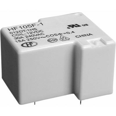 Relais électromagnétique, forme rectangulaire, imprimé avec la spécification technique 'HF105F-1', tension '12VDC', intensité de courant '30A 240VAC'.