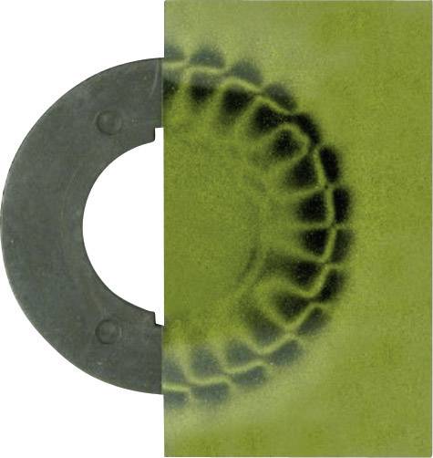 Un demi-cercle noir sur le côté gauche d'un fond jaune-vert avec des motifs de cercles concentriques à droite.