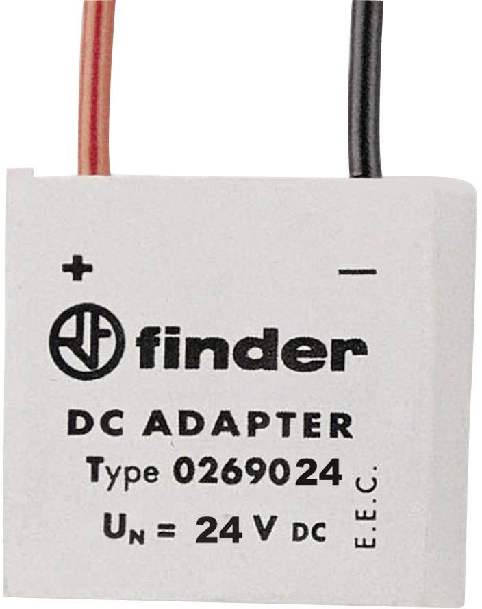 Un adaptateur DC avec l'inscription 'Finder', type '0269024'. Tension 'Un = 24V DC'. Indique les connexions pour l'entrée de tension.