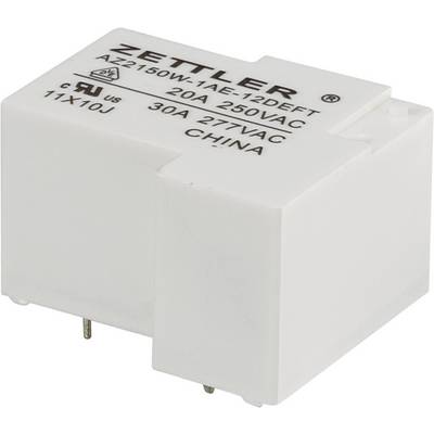 Un module de relais Zettler blanc, imprimé avec les spécifications : modèle 'AZ2150W', 20A 250VCA, 30A 277VCA, fabriqué en Chine.