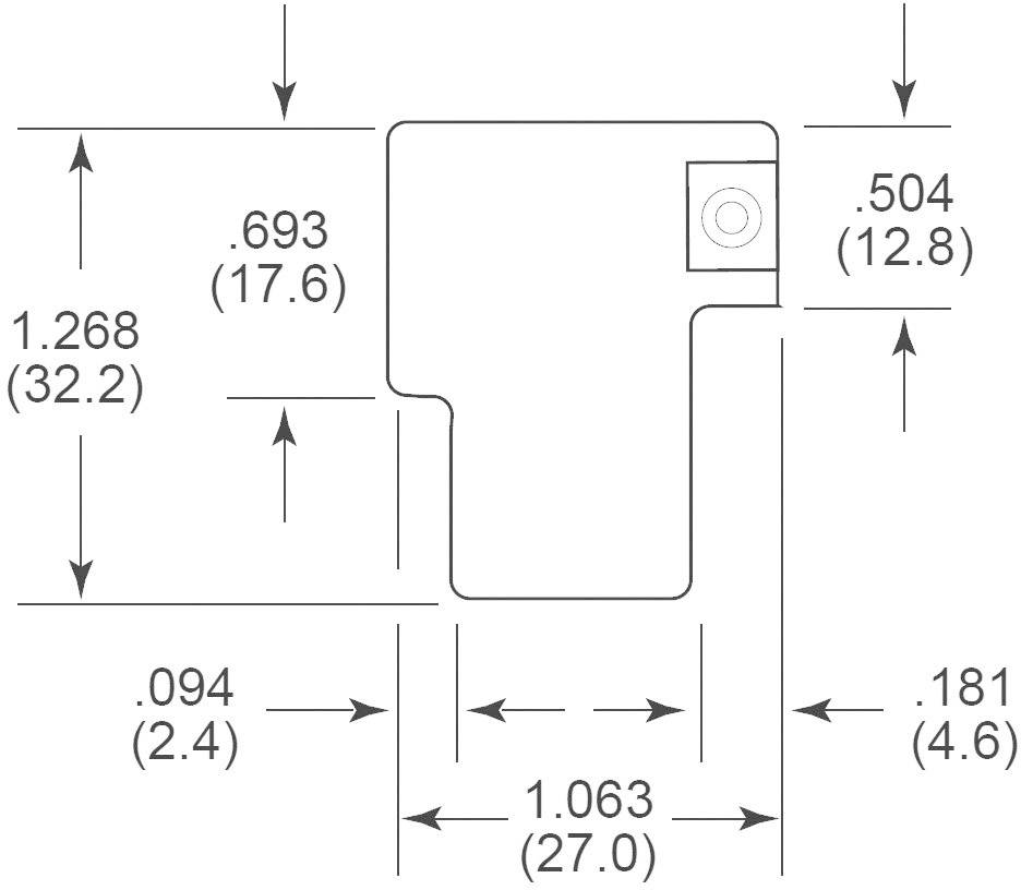 Dessin technique d'une pièce avec dimensions en pouces et millimètres : hauteur 1,268 (32,2), largeur 1,063 (27,0), dimensions plus petites détaillées.