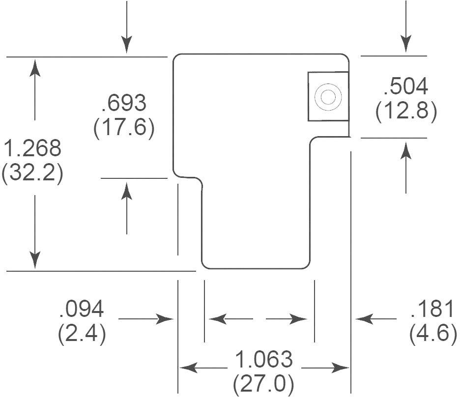 Dessin technique d'un composant mécanique avec des dimensions en pouces et en millimètres. Les dimensions principales sont de 1,268 pouce et 1,063 pouce.