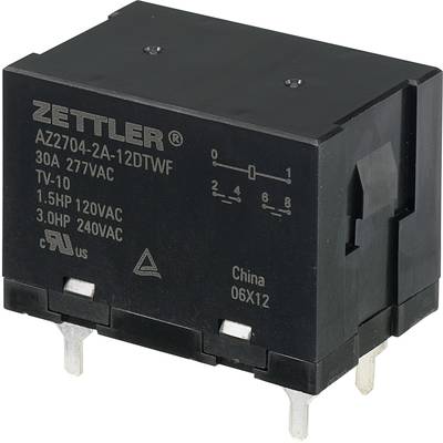 Relais électrique noir portant l'inscription 'Zettler AZ7704-2A-12DTWF', avec spécifications techniques et lieu de fabrication.