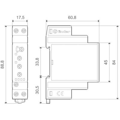 Dessin technique d'un boîtier de relais, montrant les dimensions : largeur 60,8 mm, hauteur 88,8 mm, profondeur 17,5 mm. Marquage CE visible.