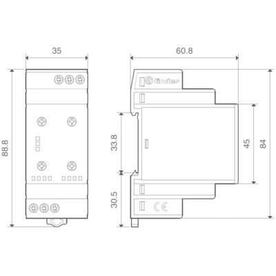 Dessin d'un relais électrique avec dimensions : hauteur 88,8 mm, largeur 35 mm, profondeur 60,8 mm. Vues latérales représentées.