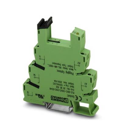 Module de relais électronique vert avec plusieurs connexions, monté sur un rail DIN. Adapté pour des applications de commande électrique.