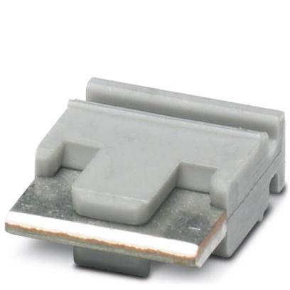 Un connecteur carré en plastique et en métal, de couleur grise, avec une surface plate et une zone centrale surélevée.