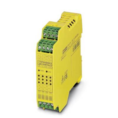 Relais de sécurité jaune de Phoenix Contact avec plusieurs bornes de connexion vertes et une étiquette noire sur la face avant.