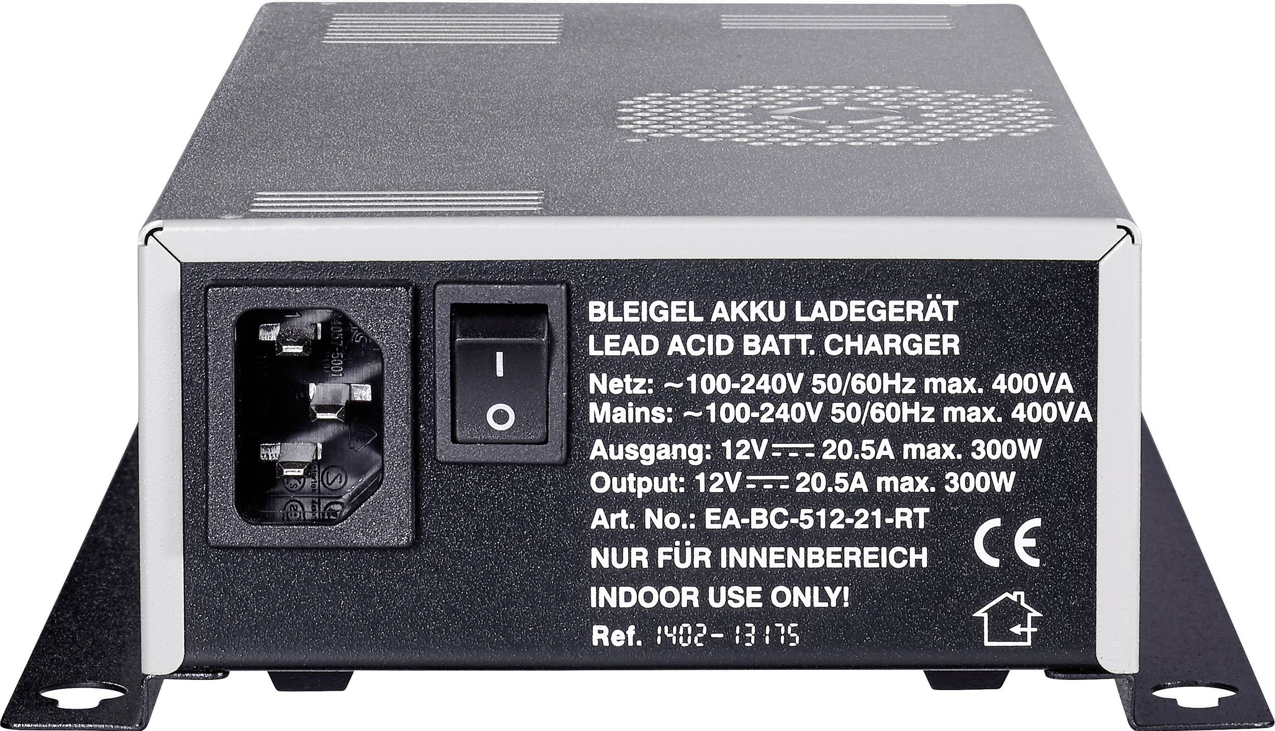 Chargeur de batterie au plomb avec interrupteur secteur, entrée 100-240V, sortie 12V 20,5A. Inscription 'POUR USAGE INTÉRIEUR'.
