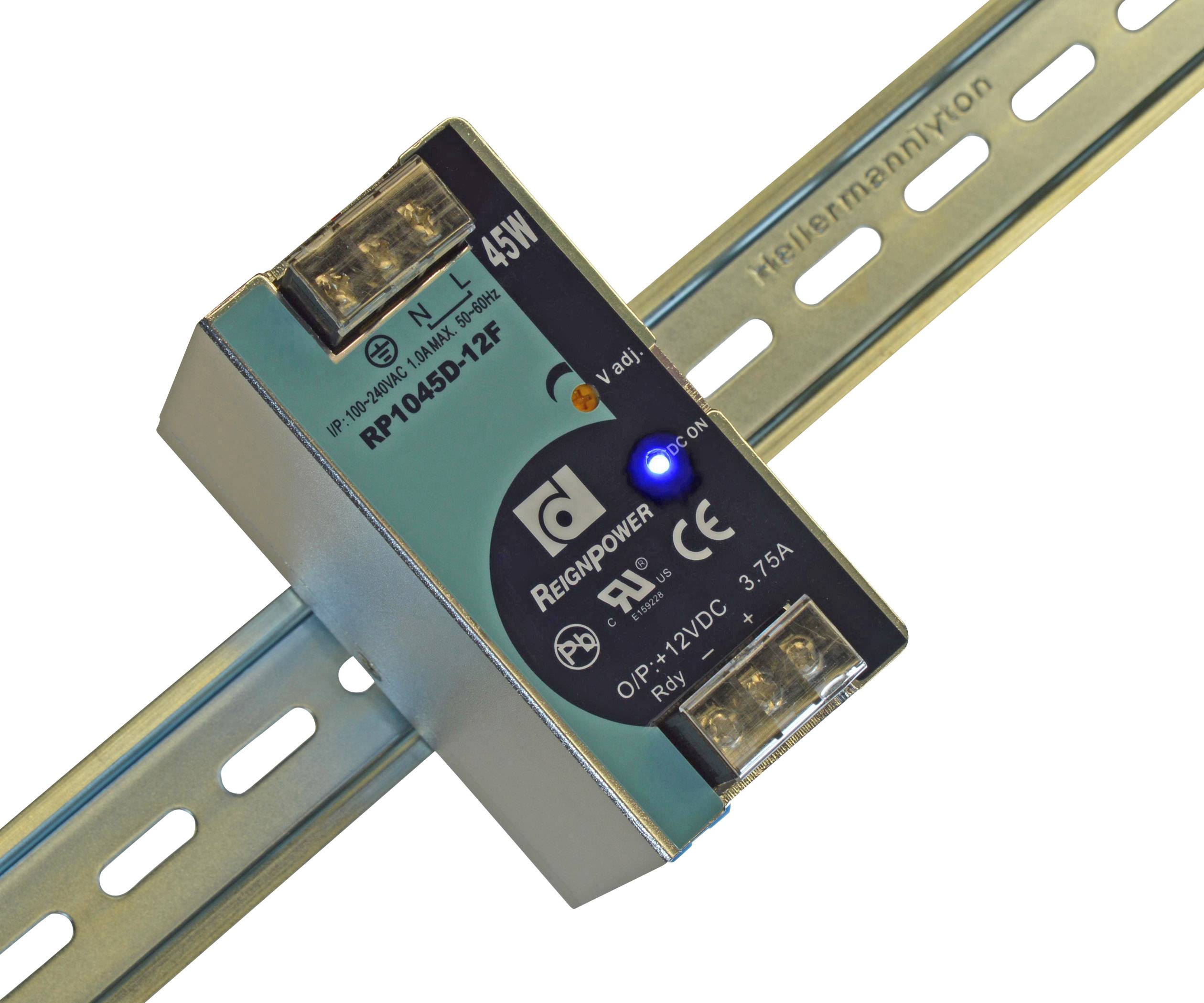 Un appareil électrique de ReignPower, avec un indicateur LED bleu, fixé sur un support métallique, affichant 12 VDC, 3,75 A.