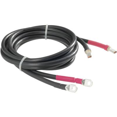 Une paire de câbles de batterie épais avec des marquages rouge et noir, adaptés pour la connexion aux batteries de véhicules ou à des appareils similaires.