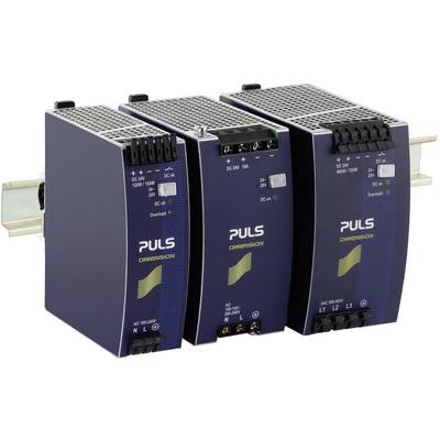 Trois dispositifs d'alimentation électrique bleus côte à côte sur un rail de montage, avec des voyants LED et des connexions en haut, de marque 'PULS'.