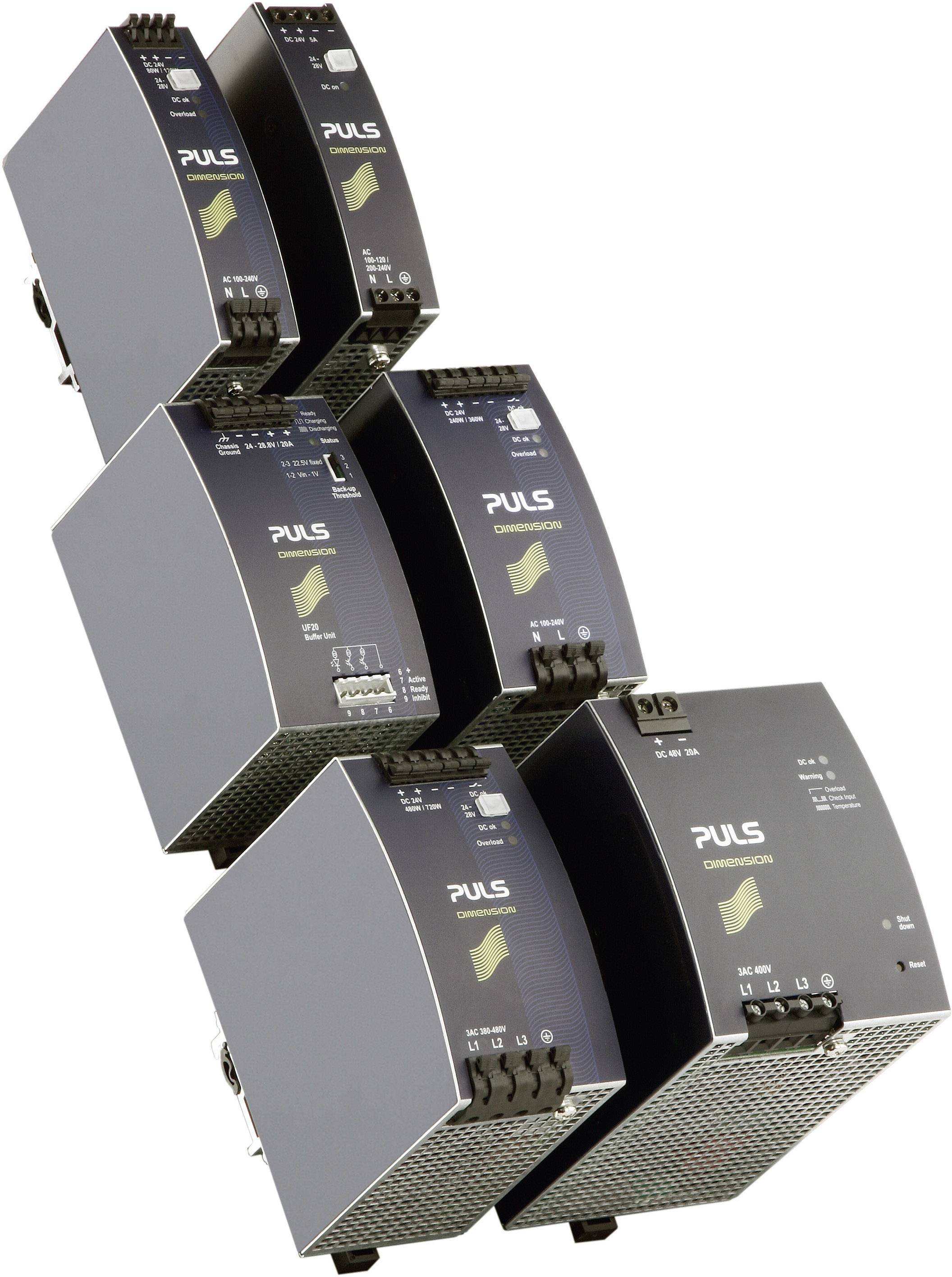 Cinq appareils électriques de la marque PULS dans une disposition empilée. Chaque appareil dispose d'un affichage avec des LED et des bornes de connexion.