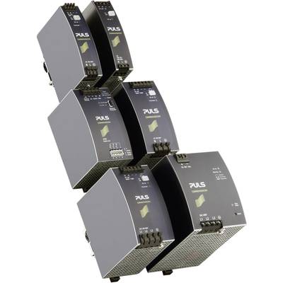 Cinq appareils électriques de la marque PULS dans une disposition empilée. Chaque appareil dispose d'un affichage avec des LED et des bornes de connexion.