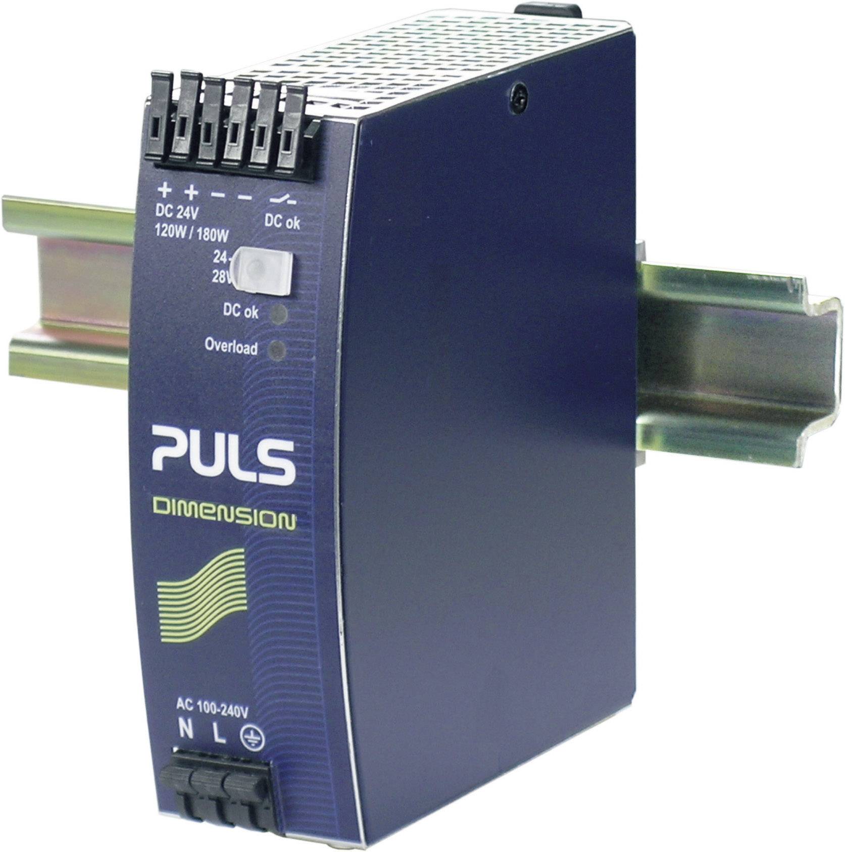 Un bloc d'alimentation bleu de Puls pour montage sur rail DIN. Étiqueté 'DC 24V', '120W/180W', 'Surcharge', 'Dimensions'.