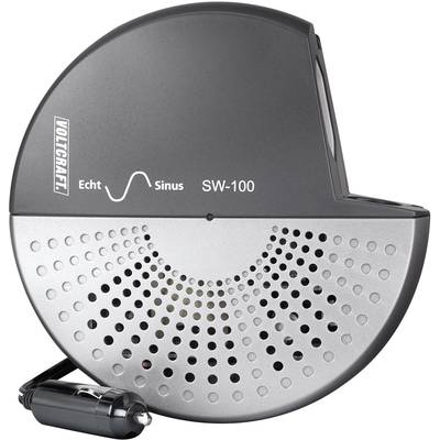 Un appareil noir et argenté, Voltcraft SW-100, avec adaptateur pour voiture, offre une conversion de courant sinusoïdale pure.