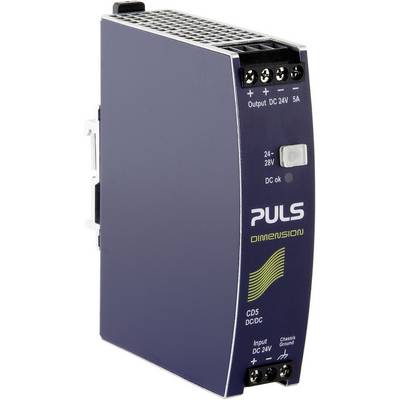 Un bloc d'alimentation bleu avec l'inscription 'DIMENSION', offrant une sortie continue de 24V/5A et des entrées de 24-28V, convertisseur DC/DC.