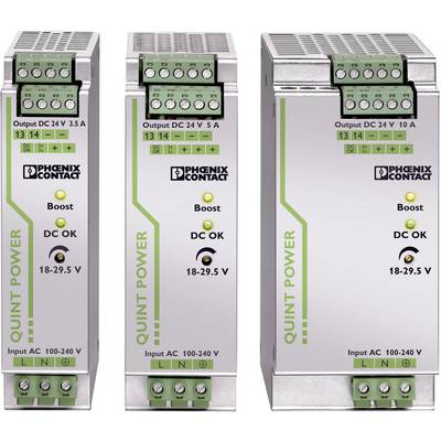 'Trois alimentations de Phoenix Contact avec l'étiquette QUINT POWER. À gauche : 3,5A, à droite : 10A. Toutes avec un design vert et des connexions en haut.'