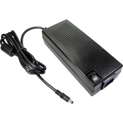 Adaptateur secteur noir avec câble d'alimentation, interrupteur marche-arrêt et prise ronde. Adapté aux appareils électroniques.
