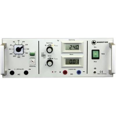 Un appareil d'alimentation de laboratoire avec deux affichages numériques pour la tension (240V) et le courant (0,01A). Il dispose d'un interrupteur secteur vert et de boutons de réglage.