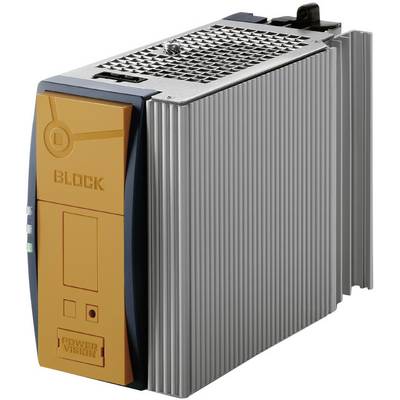 Bloc d'alimentation industriel dans un boîtier gris-orange avec des fentes de ventilation et l'étiquette 'Block'. Conçu pour une installation dans les armoires électriques.