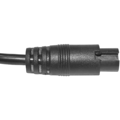 Fiche cylindrique noire qui s'adapte aux appareils électroniques, présentant une structure circulaire et plusieurs rainures.