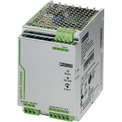 Un bloc d'alimentation de Phoenix Contact, modèle Quint Power, avec plage d'entrée AC 100-240 V et sortie DC 12 V 20 A, bornes de connexion latérales.