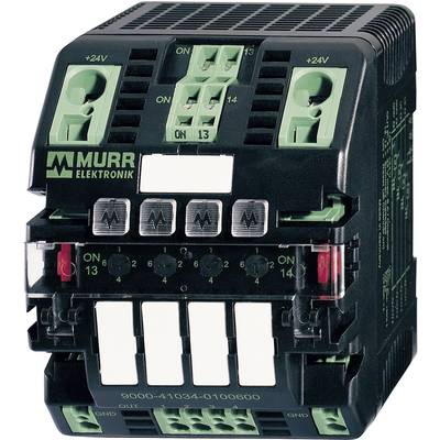 Un automate noir et vert portant l'inscription 'Murr Elektronik', présentant plusieurs connexions électriques et interrupteurs à bascule.
