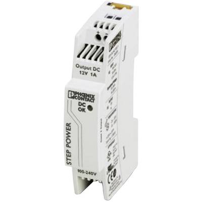 Bloc d'alimentation blanc de Phoenix Contact avec l'inscription 'Sortie DC 12V 1A' pour applications industrielles.