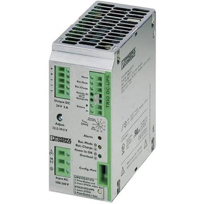 Un bloc d'alimentation industriel avec un boîtier vert et argenté, des voyants LED et des bornes de connexion. Adapté pour une sortie 24V DC à 5A.