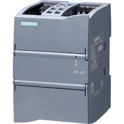 Module d'alimentation Siemens PM 1207 gris, montrant la vue de face de l'appareil avec des inscriptions et des connexions reconnaissables.