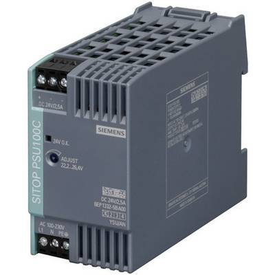 Bloc d'alimentation Siemens, modèle SITOP PSU100C, gris, avec plage d'entrée 100-230V et sortie 24V/2,5A, adapté aux applications industrielles.