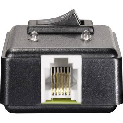 Un adaptateur noir avec un interrupteur marche/arrêt et un port Ethernet à l'avant.