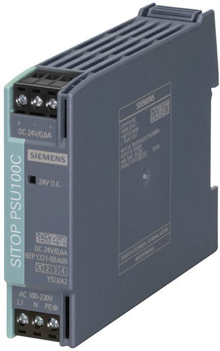 Un module d'alimentation Siemens SITOP PSU100C gris avec des connexions. Les marquages indiquent les entrées et sorties pour DC 24V à 0,6A et AC 100-230V.