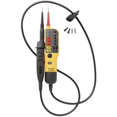 Testeur de tension avec deux sondes et câbles. Boîtier jaune et noir. Affiche des échelles de tension. Accessoires visibles.
