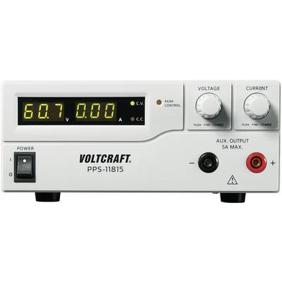 Le 'Voltcraft PPS-11815 Alimentation de laboratoire' affiche un écran numérique indiquant '60,7 V'. Dispositif équipé de régulateurs de tension et de courant.