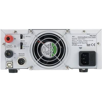 Dos d'une alimentation électrique avec ventilateur, port USB, interrupteur de sortie principale, connecteur de télécommande et spécifications électriques.