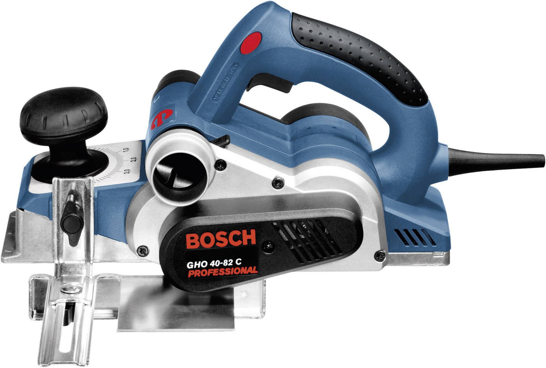 Rabot électrique Bosch, modèle GHO 40-82 C. L'appareil est bleu avec une poignée noire et est utilisé pour raboter précisément les surfaces en bois.
