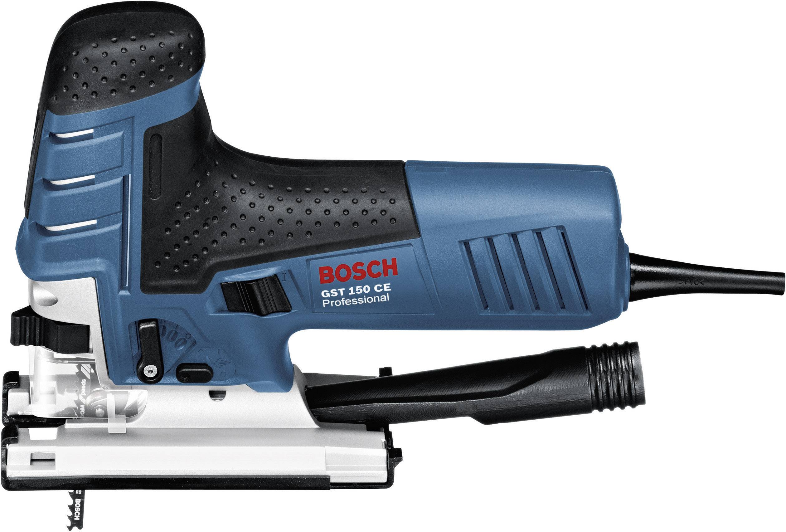 Une scie sauteuse électrique Bosch, modèle GST 150 CE Professional, en bleu et noir, avec câble secteur.