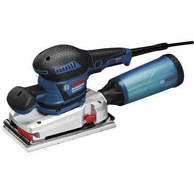 Un ponceuse excentrique Bosch bleue avec un récipient à poussière. L'appareil dispose d'une poignée ergonomique et fonctionne à l'électricité.