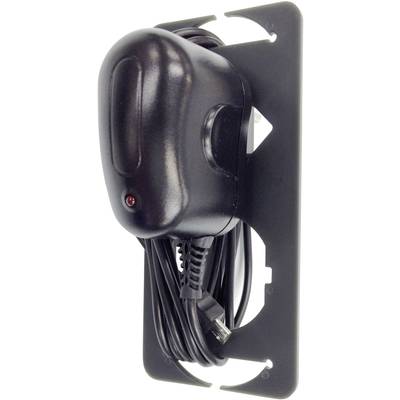 Chargeur noir avec câble enroulé, monté sur un support blanc. Conçu pour un rangement sécurisé et un accès facile au chargeur.