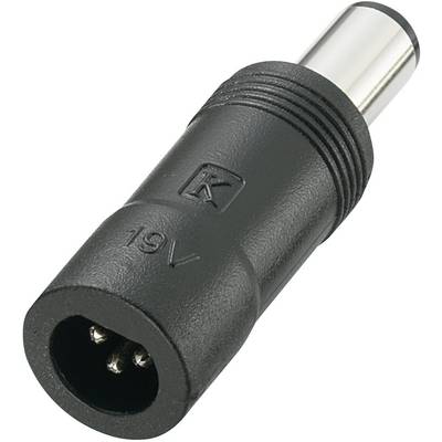 Adaptateur noir et gris avec embout métallique rond et l'inscription '19V'. Adapté aux appareils électroniques.