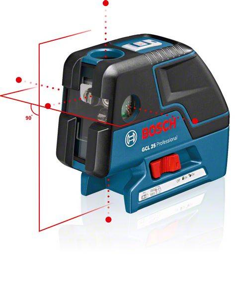 Un Bosch GCL 25 Professional, un télémètre laser, projette des lignes rouges verticales et horizontales, adapté pour un alignement précis.