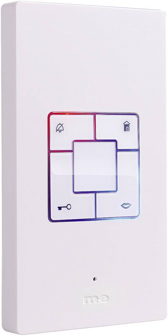 Commande murale blanche avec des symboles pour le mode silencieux, la maison, le verrouillage et les lèvres. Le centre dispose d'un champ tactile carré.