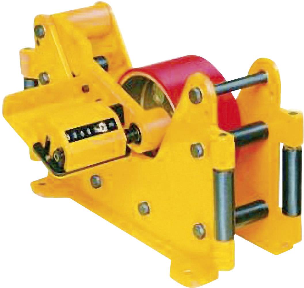 Un dévidoir manuel jaune avec une poignée orange et un ruban rouge, adapté pour dérouler du ruban adhésif lors de travaux d'emballage.