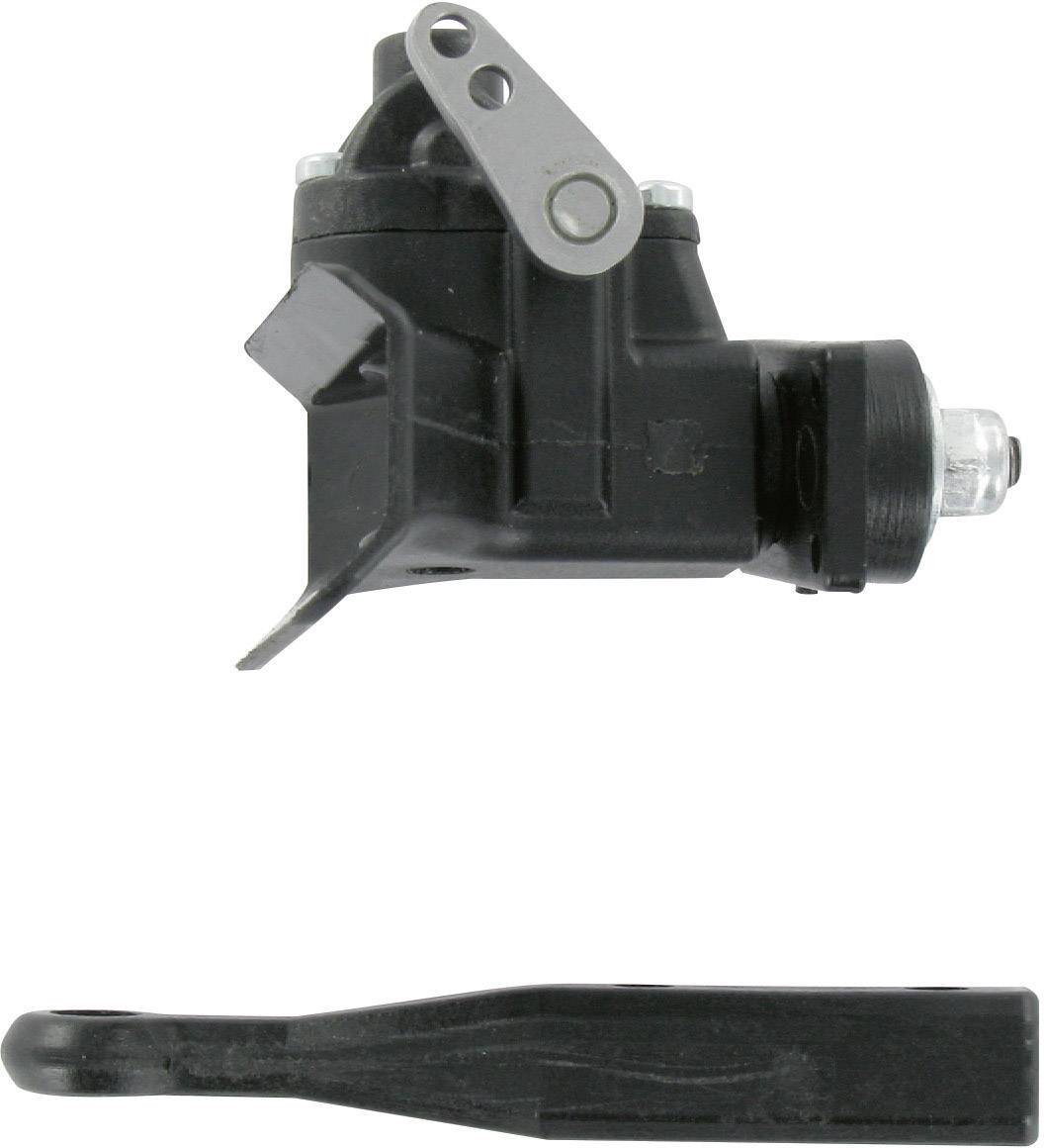 Composant mécanique noir avec un levier et une tige, probablement une partie d'un véhicule ou d'une machine.