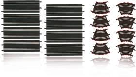 'Ensemble de pistes de course automobiles de jouet noir et rouge, composé de huit portions droites et huit portions courbes. Idéal pour la construction de circuits personnalisés.'