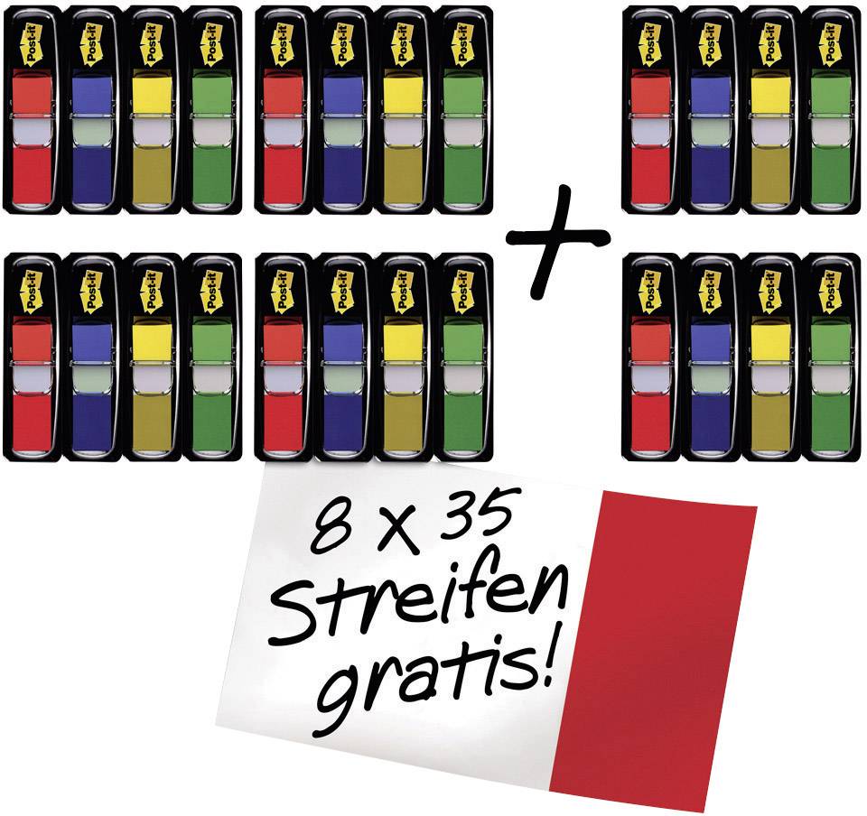 Huit paquets de bandes adhésives colorées, 35 pièces chacun, avec l'indication '8 x 35 bandes gratuites !' et une carte de nuancier rouge.