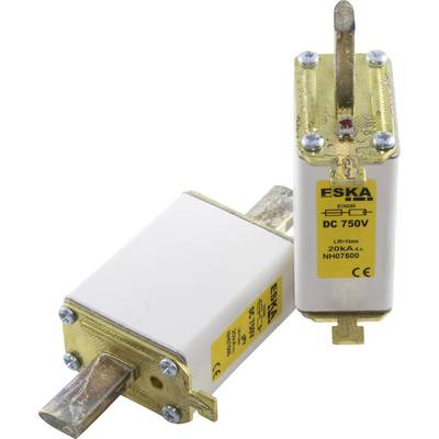 Deux fusibles, un horizontal et un vertical, avec une étiquette jaune 'ESKA DC 750V', adaptés aux applications électriques jusqu'à 750 volts.